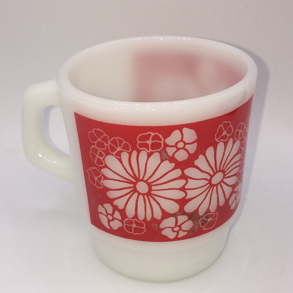 Vintage Fire King Red White Floral Milk Glass Coffee Mug MCM 1960's